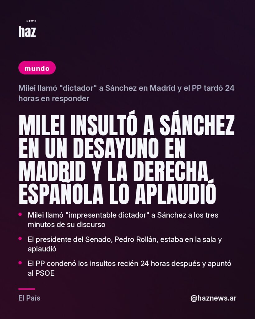 Milei insultó a Sánchez en un desayuno en Madrid y la derecha española lo aplaudió